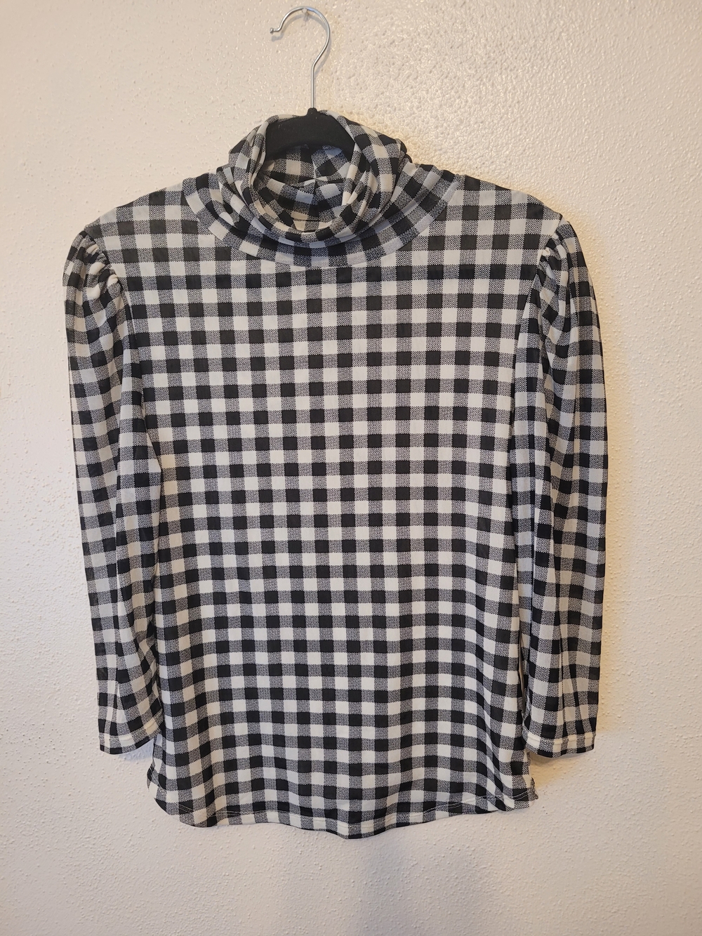 Free People Gather Gingham Mesh Turtleneck Puff Sleeve Top Size L